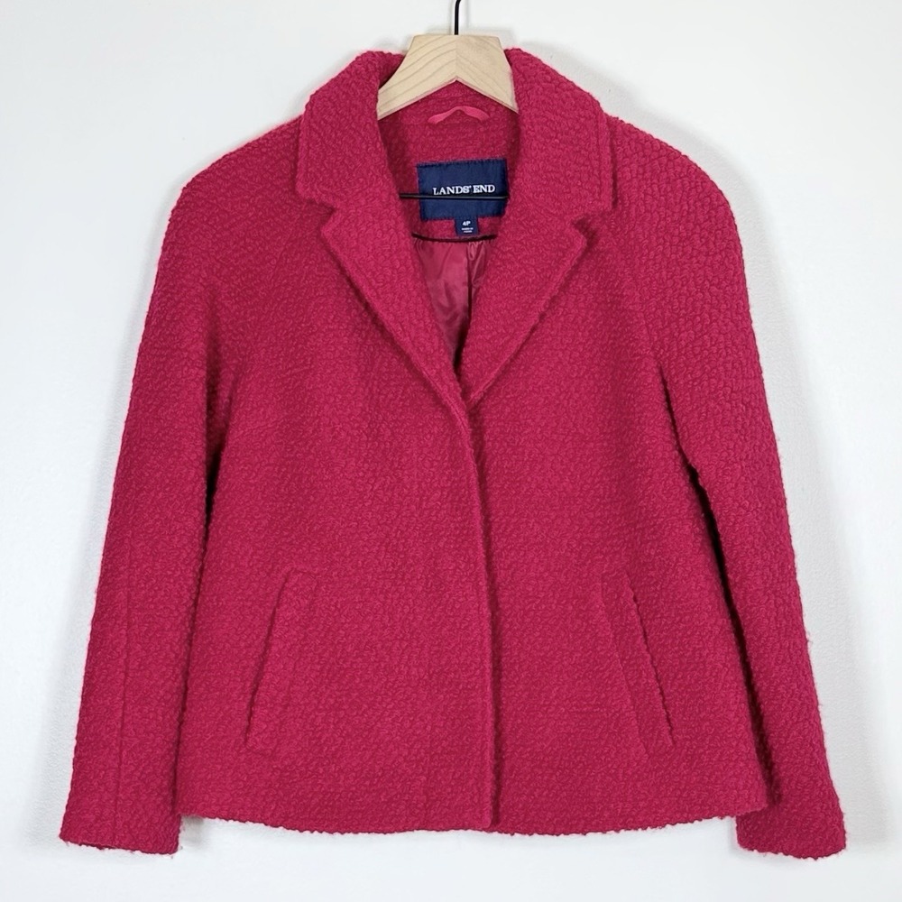 Lands End Womens Wool Blend Boucle Blazer Jacket Size 4P Pink Red Preppy Classic